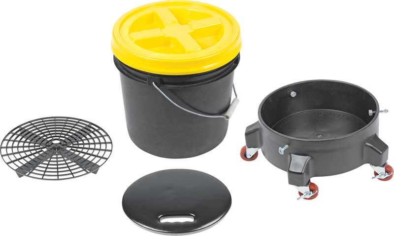 All Makes All Models Parts, K89742, Grit Guard Deluxe Wash System 3.5  Gallon Black Pail with Yellow Lid - Dolly and Seat Cushion